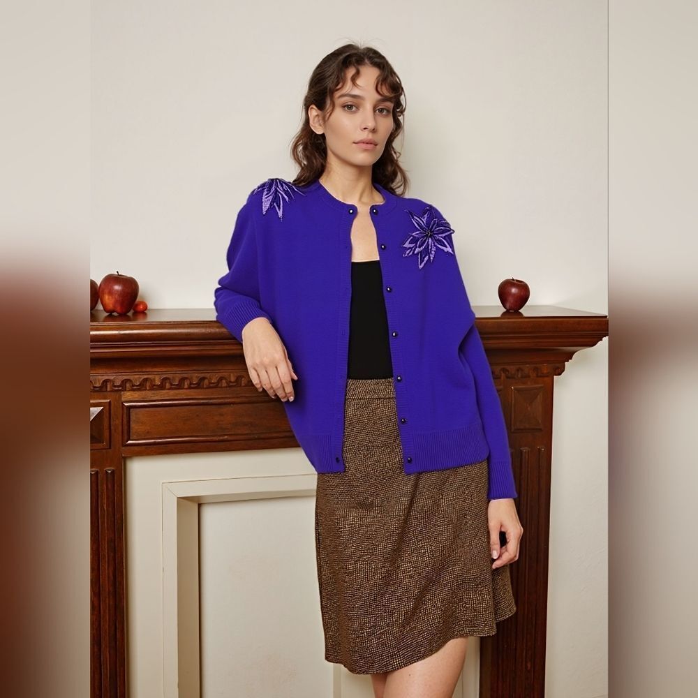 Lysee Vintage Royal Purple Wool Cardigan with Floral Applique Design